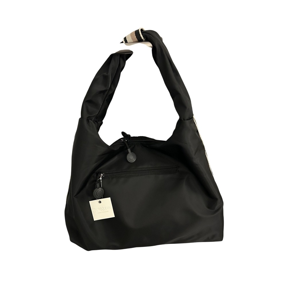 Cee Klein SJHBL0 Nylon Hobo Bag Womens Large Black New Striped Strap Slouchy